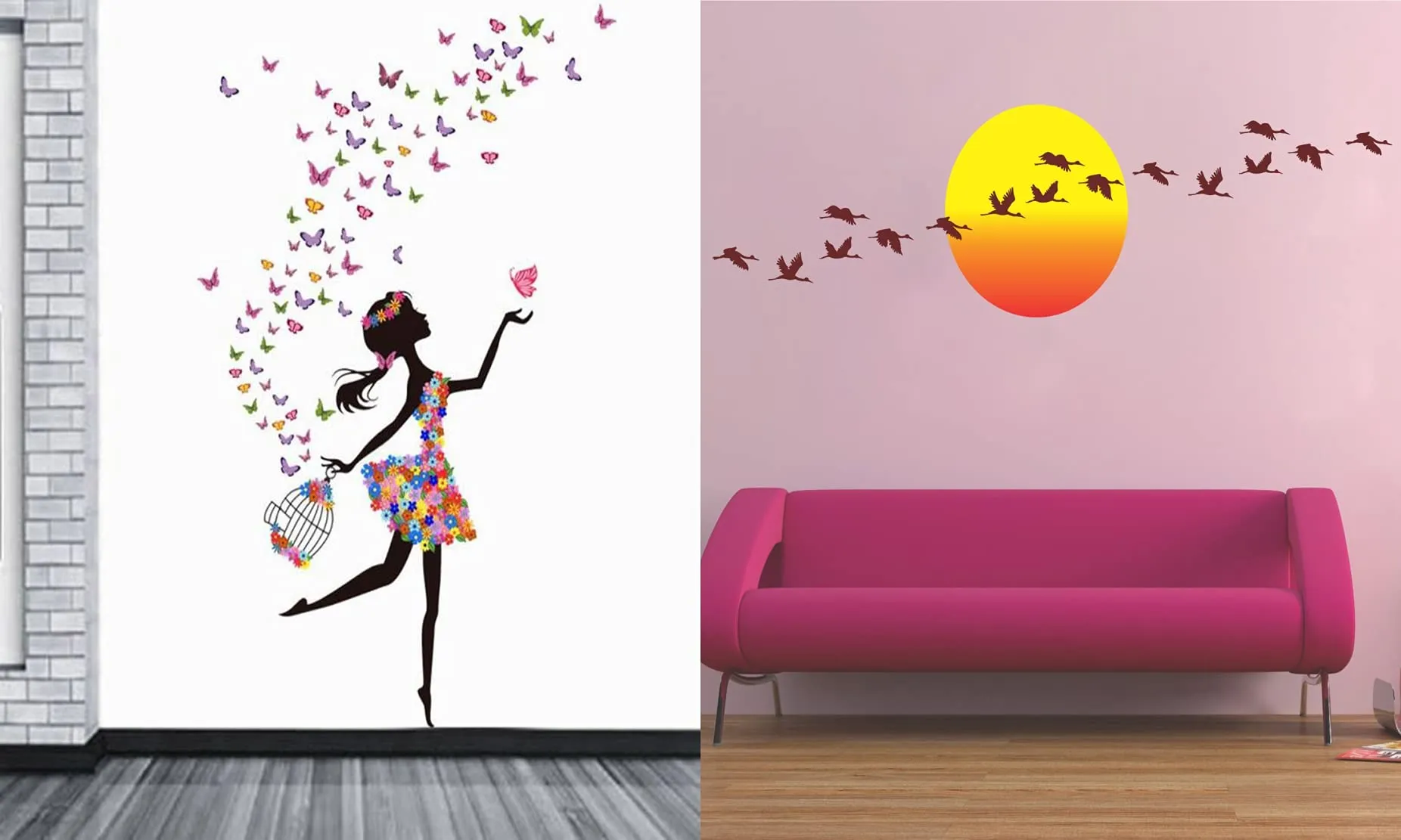 Ghar Kraft Set of 2 Wall Sticker Dream Girl and Sunrise with Flying Birds Wall Sticker