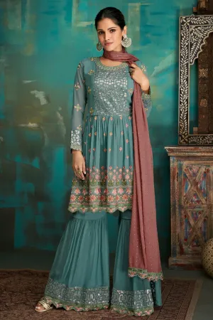 Gharara Style Dusty Blue Embroidered Sharara Suit