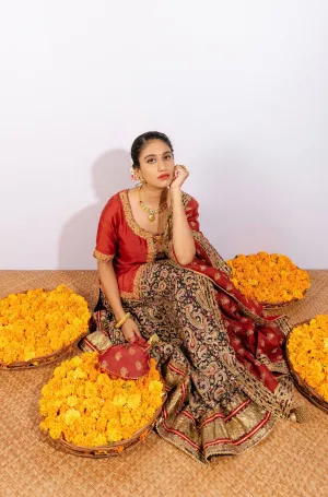 Ghera Maroon Kalamkari Lehenga Set