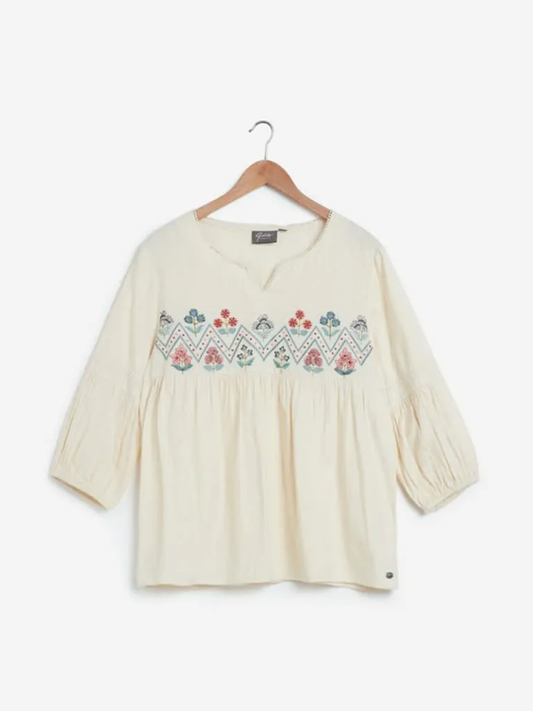 Gia Curves Beige Embroidered Peasant Top