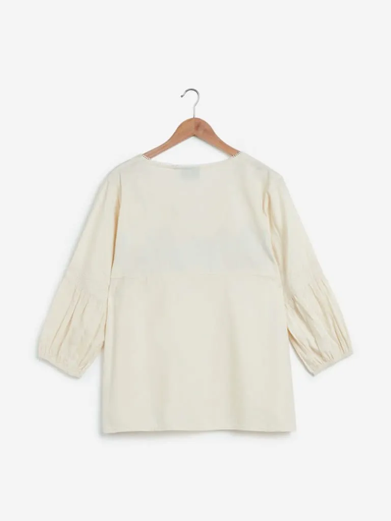 Gia Curves Beige Embroidered Peasant Top