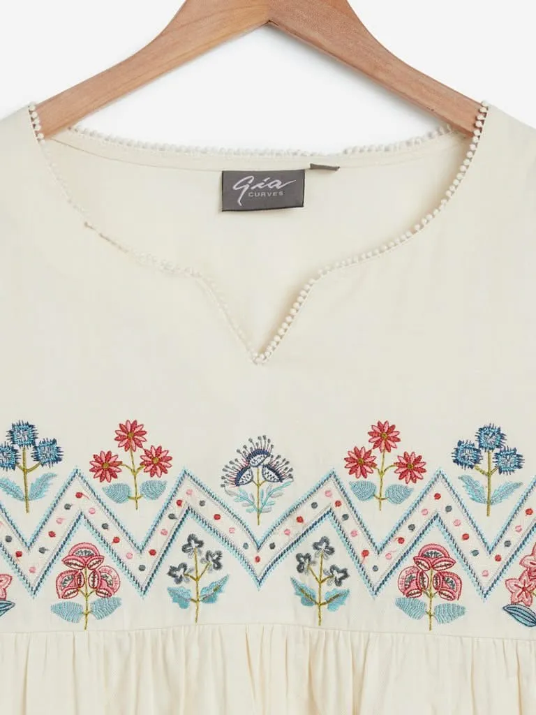 Gia Curves Beige Embroidered Peasant Top