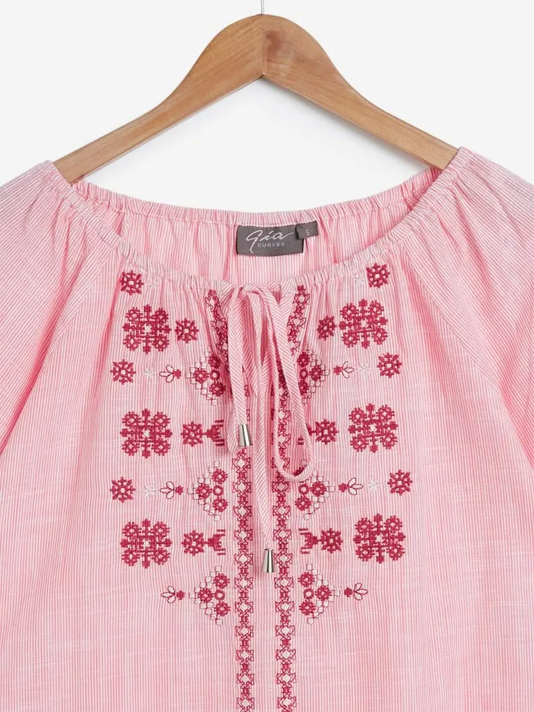 Gia Curves Pink Embroidered Cotton Top