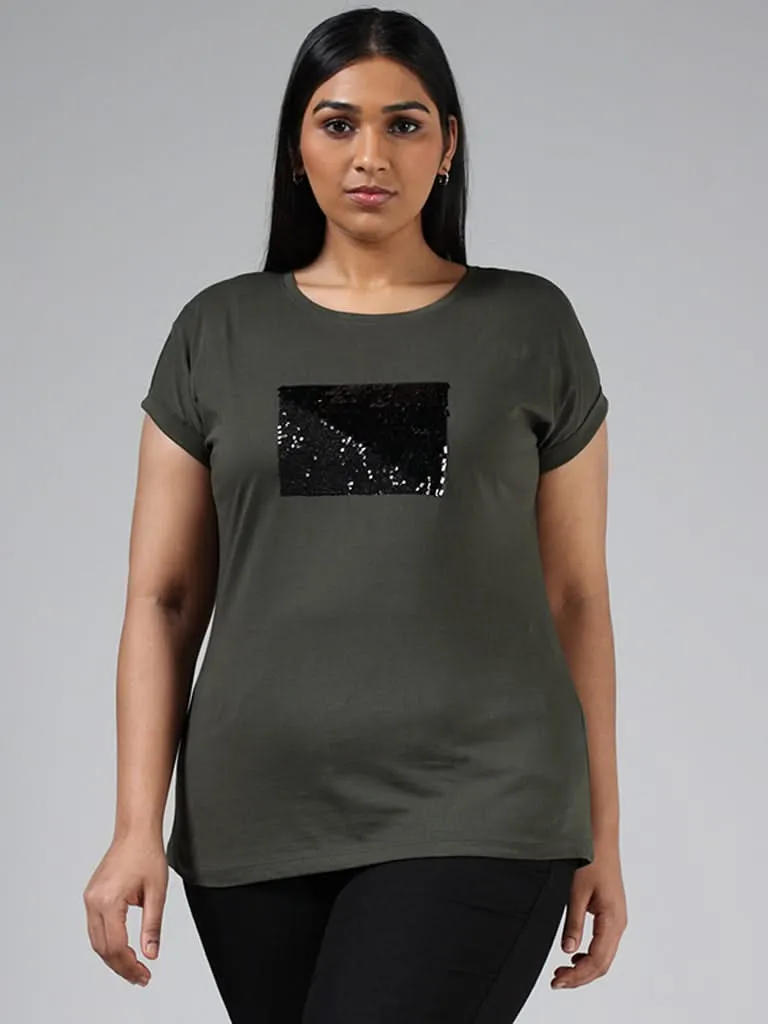 Gia Olive Green Sequined Embroidery Cotton T-Shirt