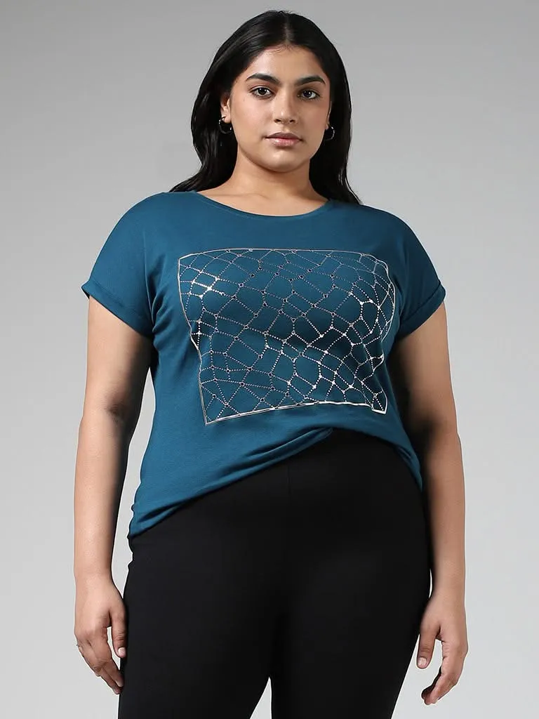 Gia Stud Embellished Blue Cotton T-Shirt