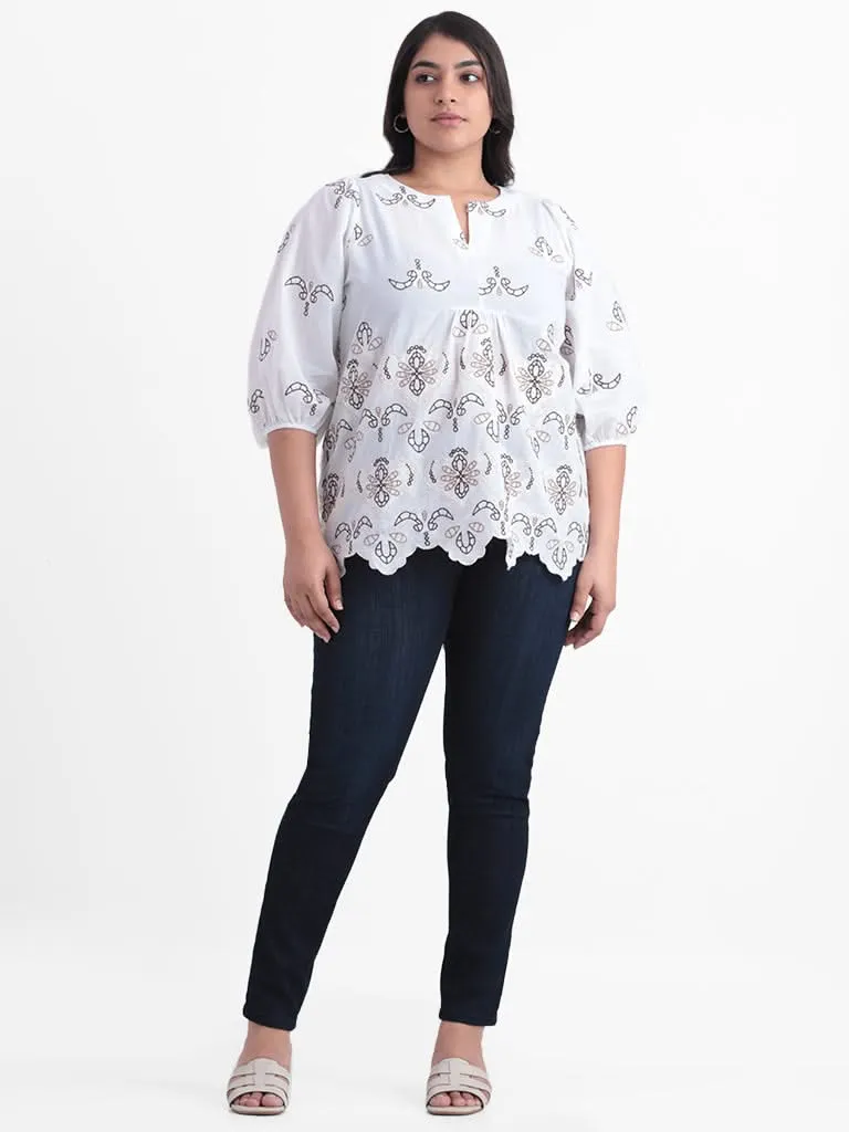 Gia White Embroidered Cotton Relaxed Fit Blouse