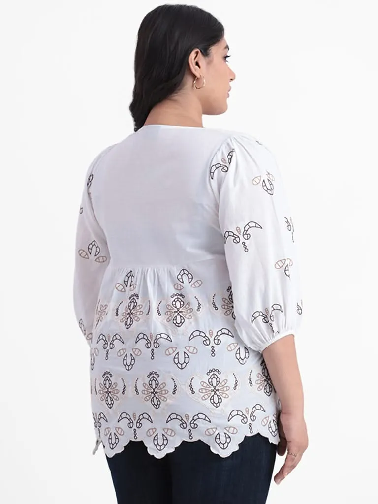 Gia White Embroidered Cotton Relaxed Fit Blouse