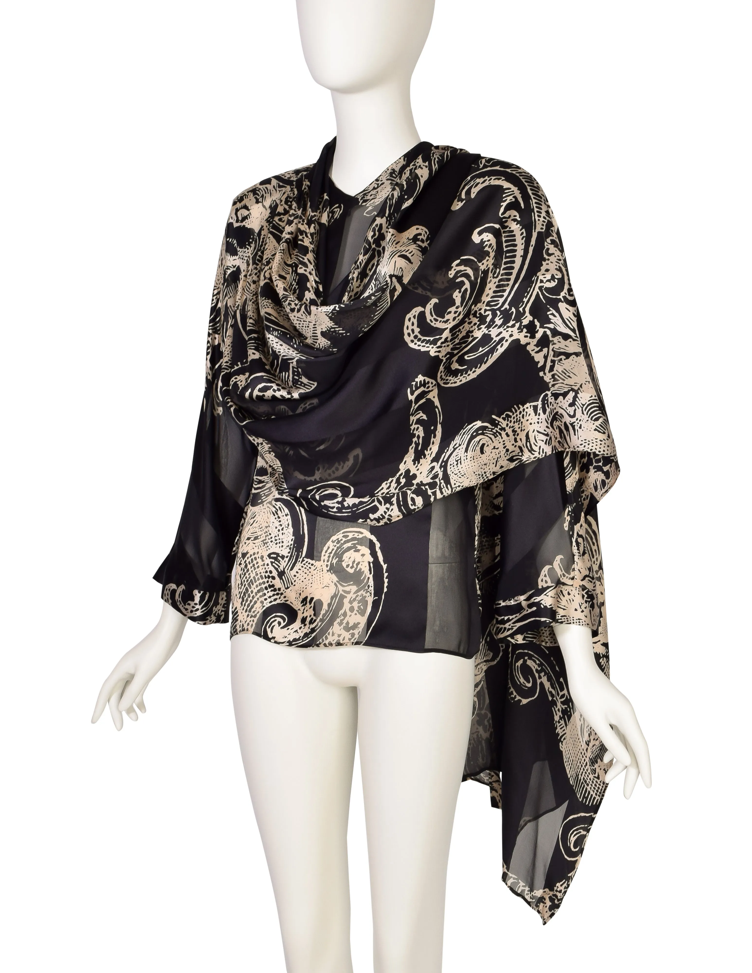 Gianfranco Ferre Vintage Black Cream Baroque Print Striped Silk Draping Scarf Top