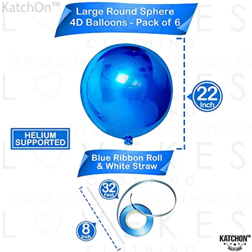 Giant, 22 Inch Royal Blue Metallic Balloons - Pack of 6 | Round 360 Degree Royal Blue Balloons for Baby Shark Birthday Decorations | 4D Sphere Mirror Blue Foil Balloons for Prince Birthday Decorations