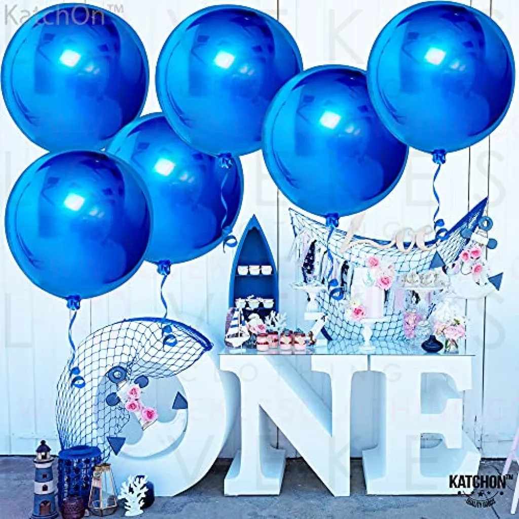 Giant, 22 Inch Royal Blue Metallic Balloons - Pack of 6 | Round 360 Degree Royal Blue Balloons for Baby Shark Birthday Decorations | 4D Sphere Mirror Blue Foil Balloons for Prince Birthday Decorations