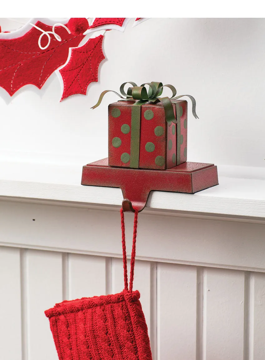 Gift Box-Shaped Red and Green Metal Stocking Holder