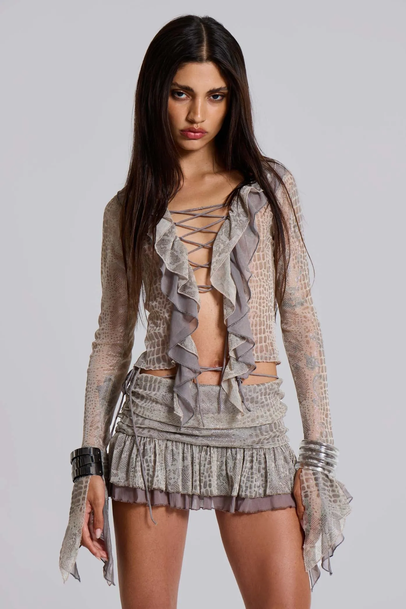 Gila Snakeskin Ruffle Mini Skirt