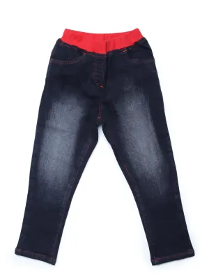 Gilr's Black Denim With Red Rib Waistband - StyleStone Kid