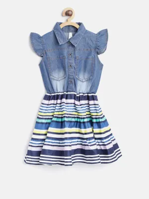 Gilr's Denim And Multi-Color Stripe Dress - StyleStone Kid