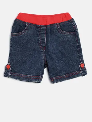 Gilr's Denim Washed Shorts With Red Waistband And Side Loop - StyleStone Kid