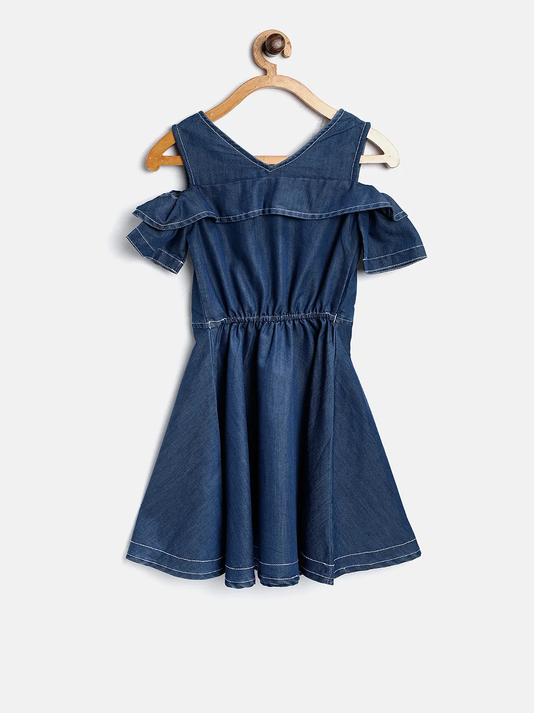 Gilr's Denim Zip Cold Shoulder Dress - StyleStone Kid