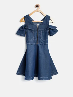 Gilr's Denim Zip Cold Shoulder Dress - StyleStone Kid