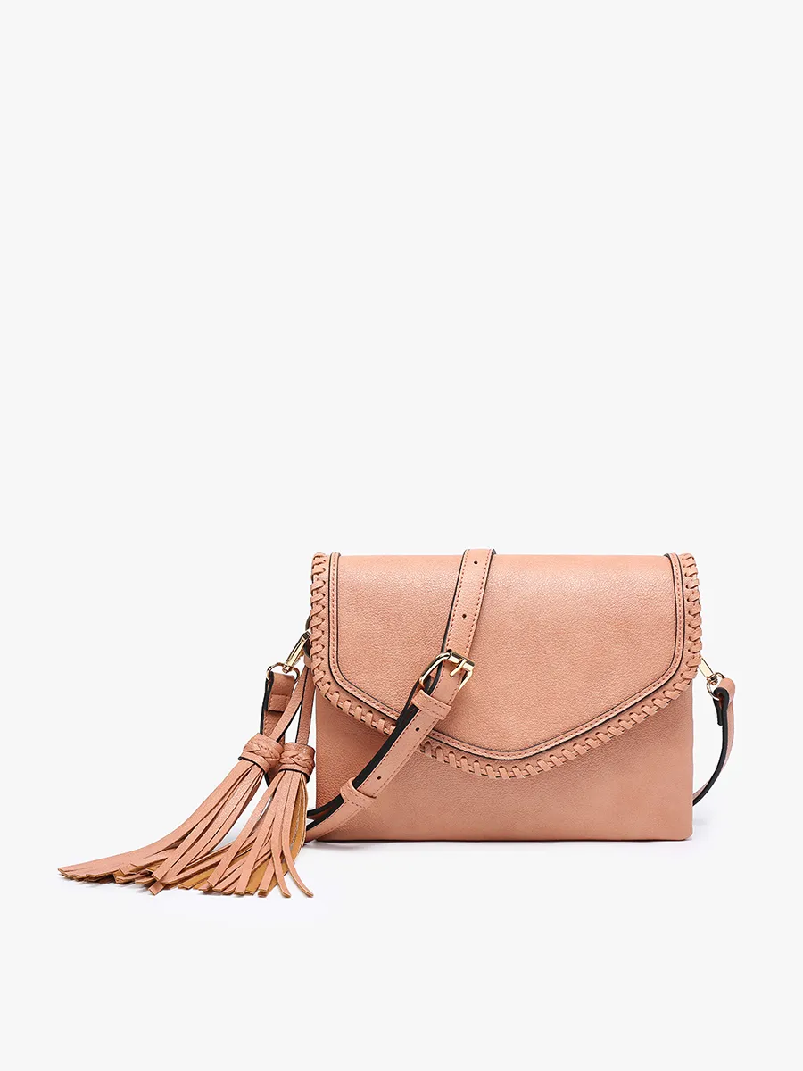 Ginger Flapover Crossbody w/ Whipstitch and Tassel