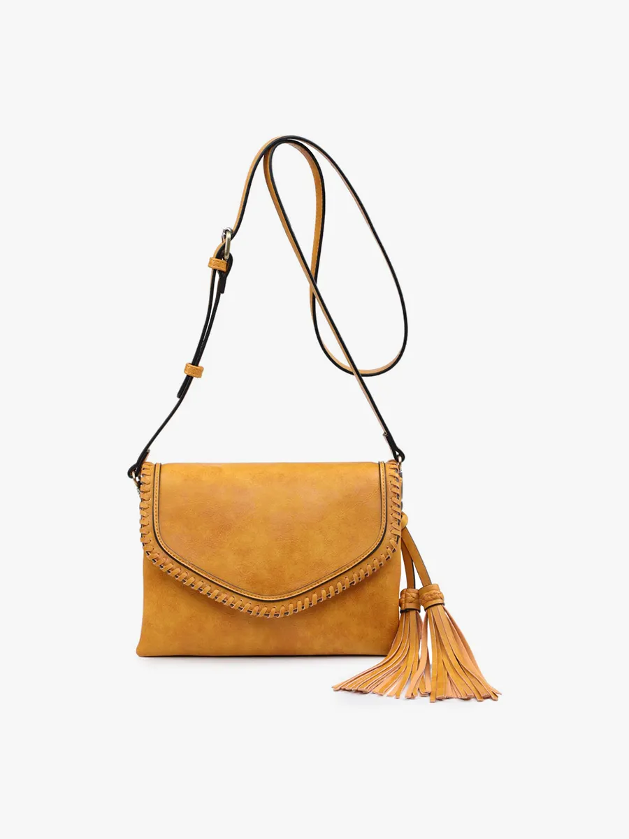 Ginger Flapover Crossbody w/ Whipstitch and Tassel