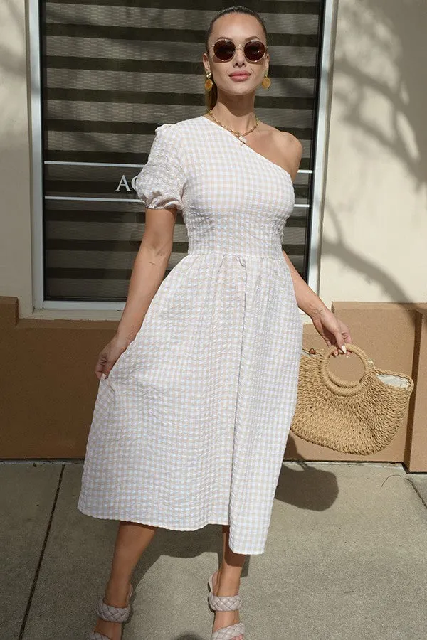 Gingham Beige One Shoulder Mid Length Dress