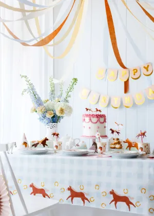 Gingham Blue Paper Tablecloth with Horses