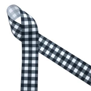 Gingham Check Ribbon Buffalo plaid black and white ideal for gift wrap, hat bands, tree trim, quilting, wreaths,  on 1.5" White grosgrain