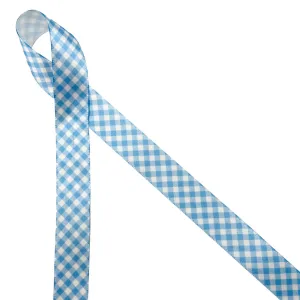 Gingham Check Ribbon in light blue on 5/8" White single face satin