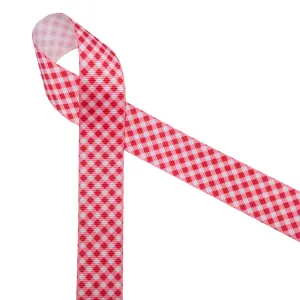 Gingham Check Ribbon in red and white on 7/8" White grosgrain