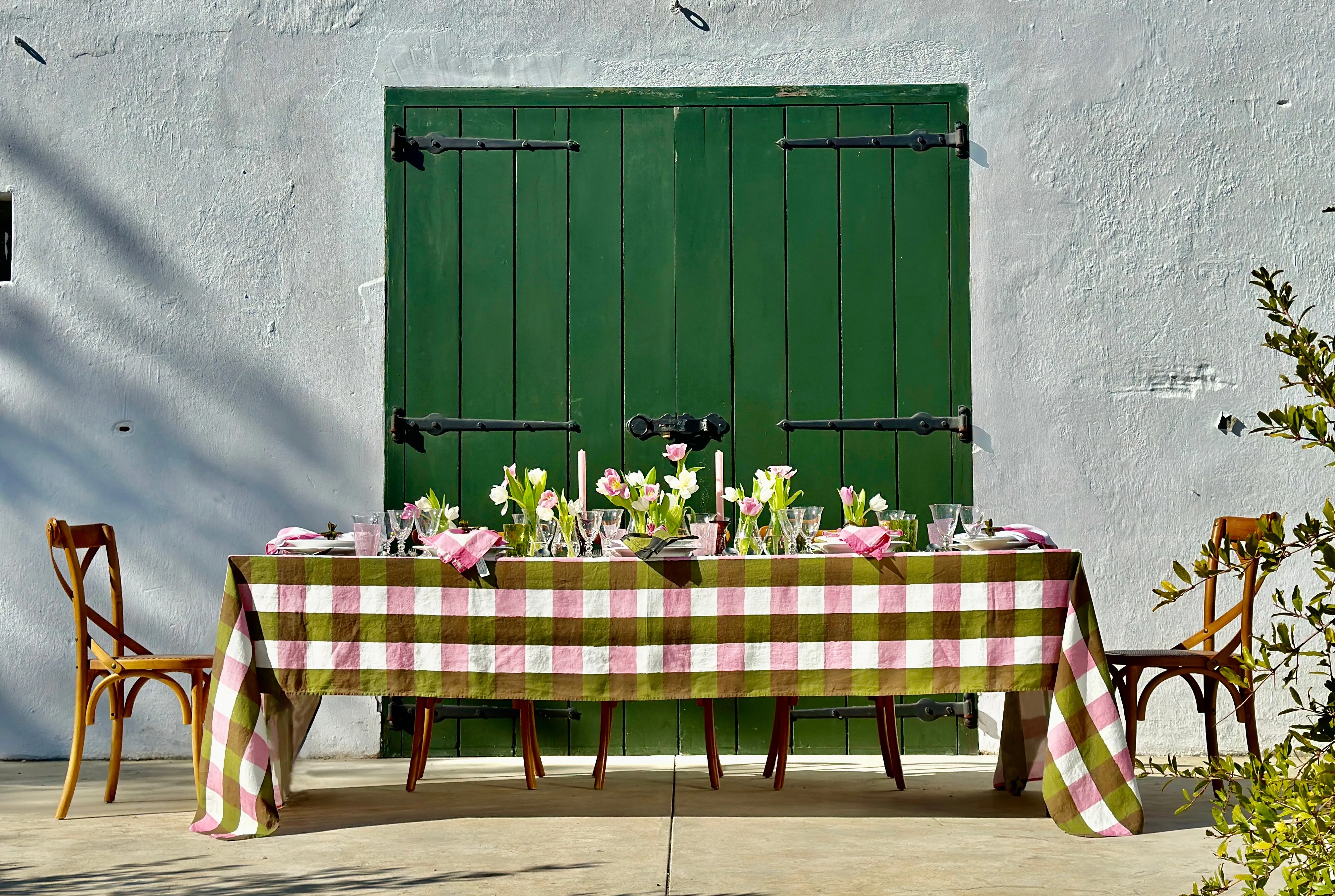 Gingham Linen Napkin in Rose Pink & Avocado Green