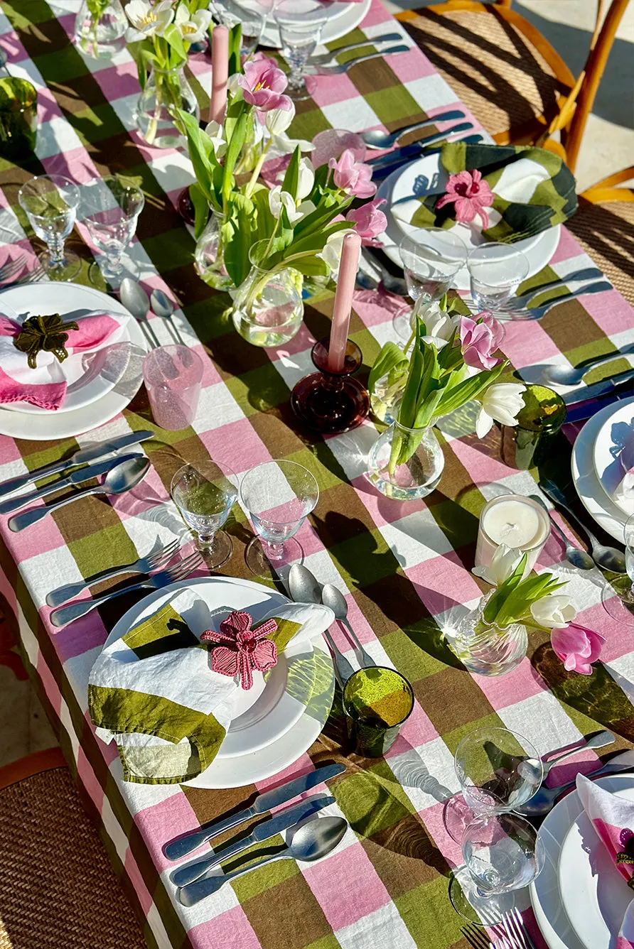 Gingham Linen Napkin in Rose Pink & Avocado Green