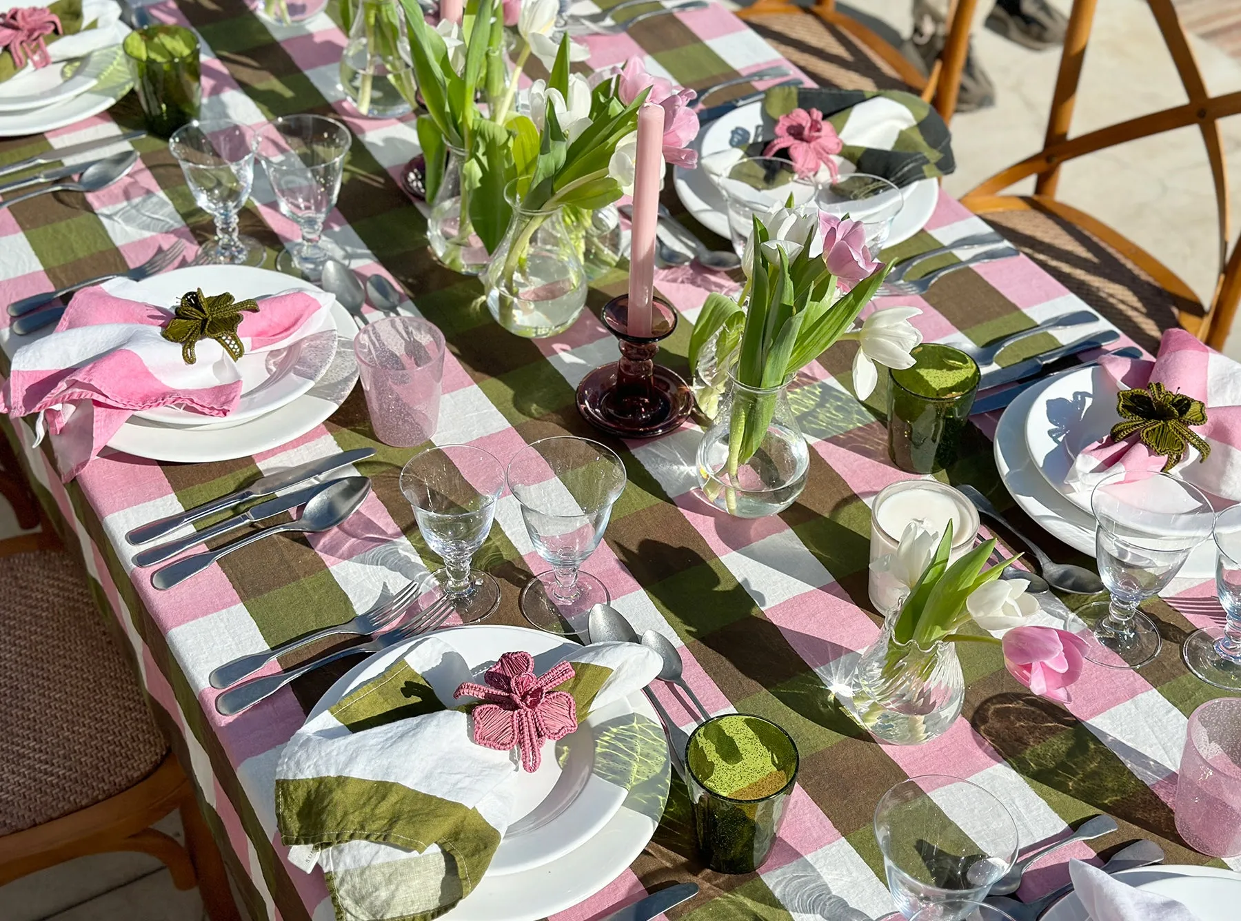 Gingham Linen Napkin in Rose Pink & Avocado Green