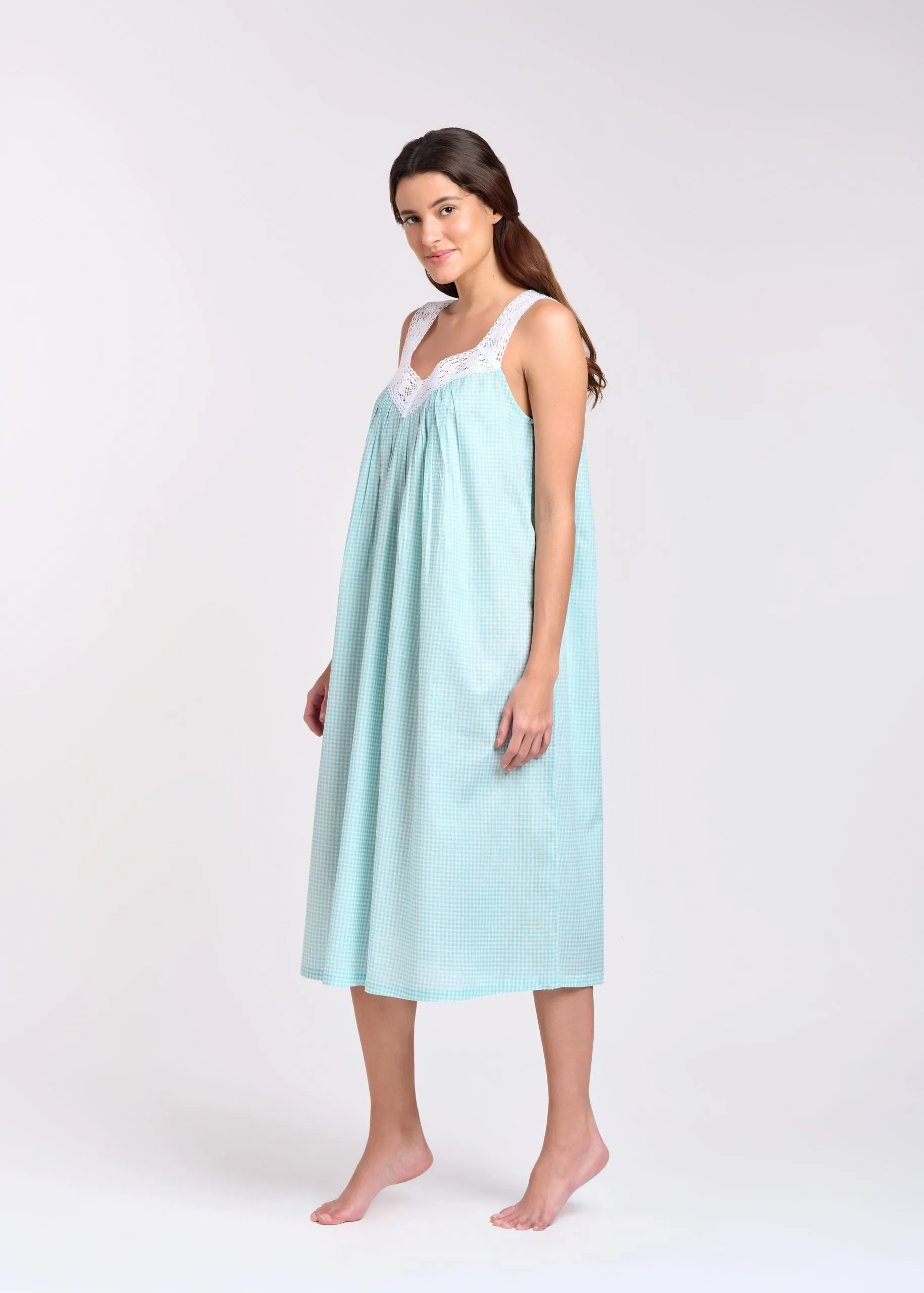 Gingham Print Cotton Nightie Aqua