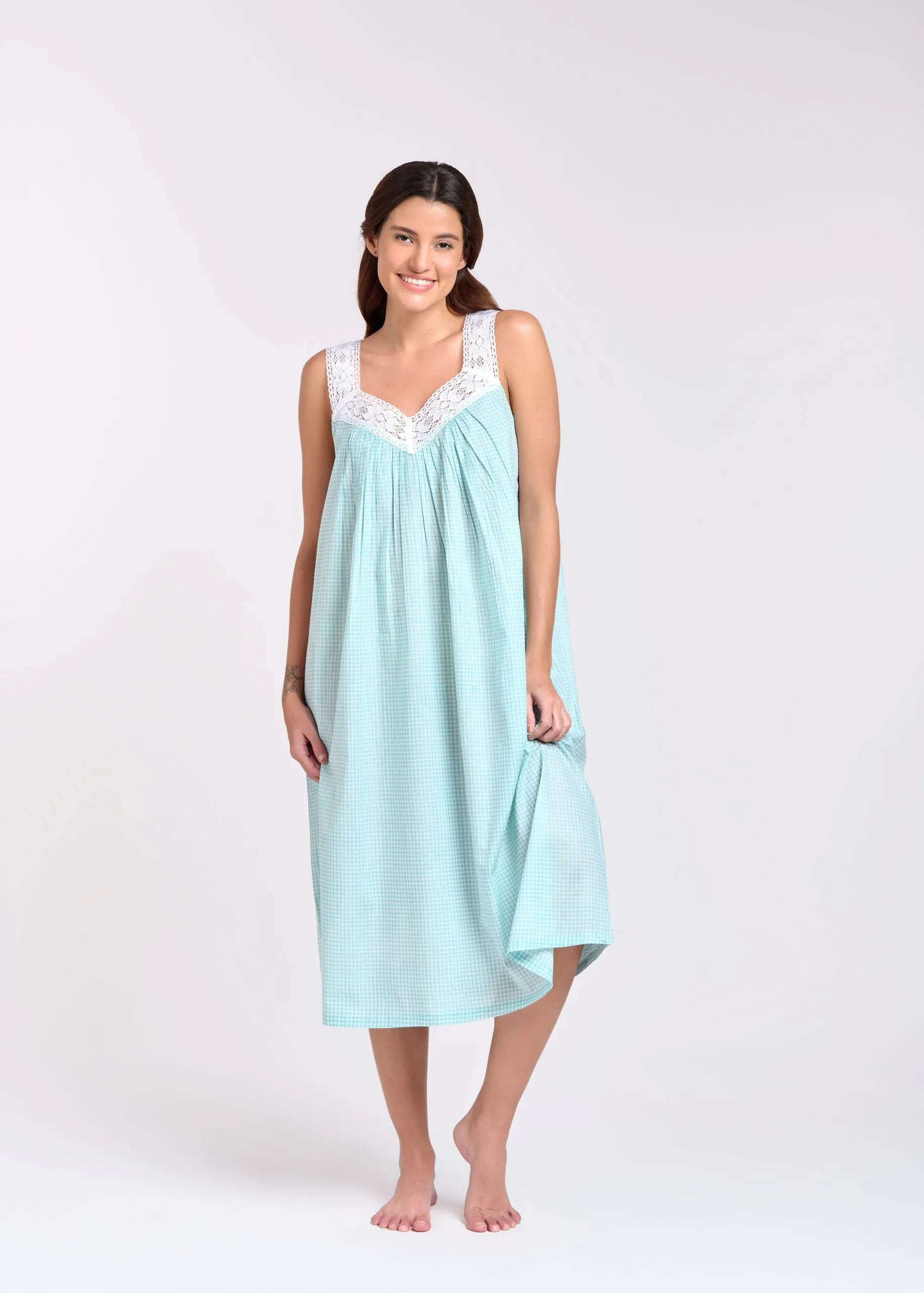 Gingham Print Cotton Nightie Aqua