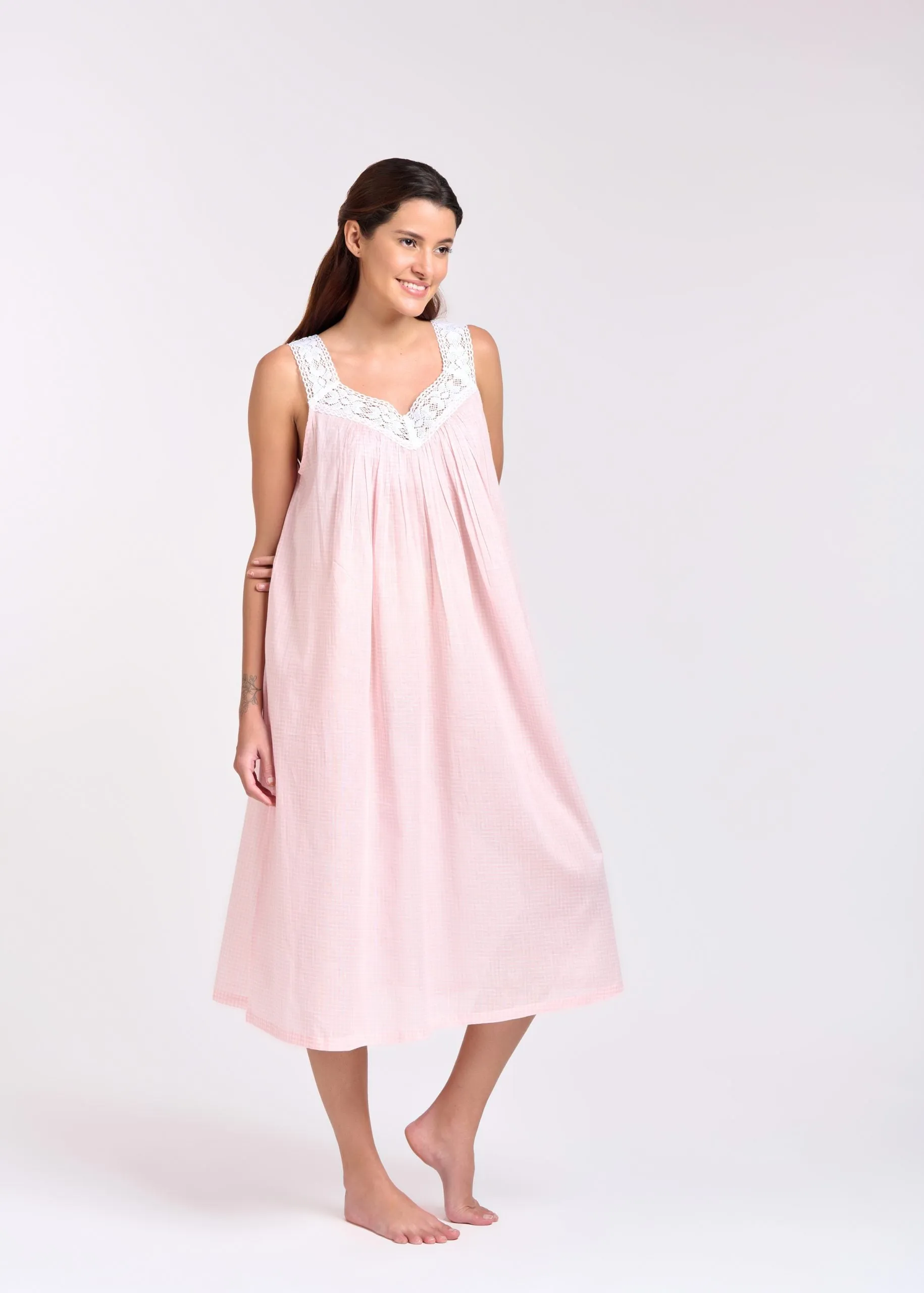 Gingham Print Cotton Nightie Pink