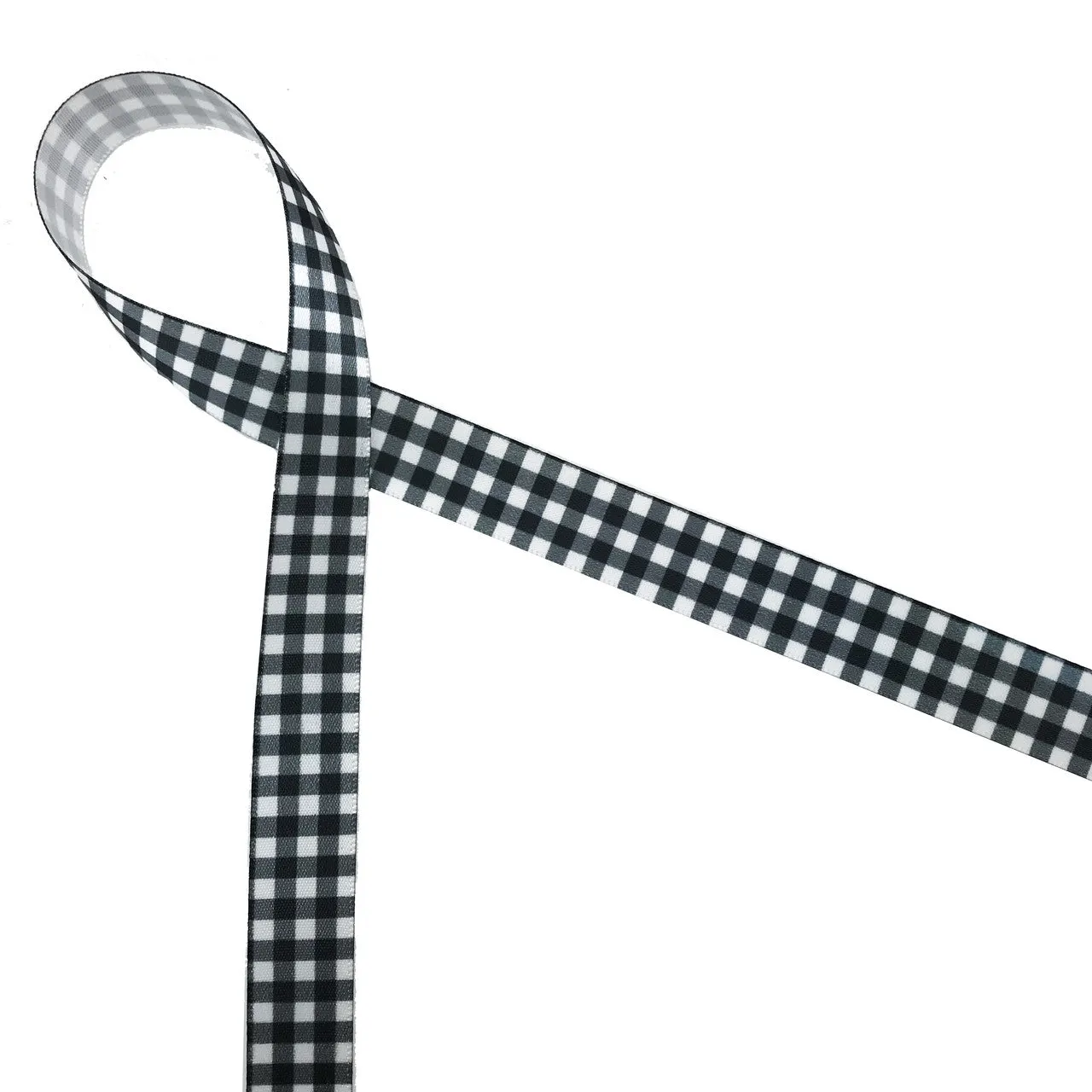 Gingham Ribbon in black on 5/8" white single face satin