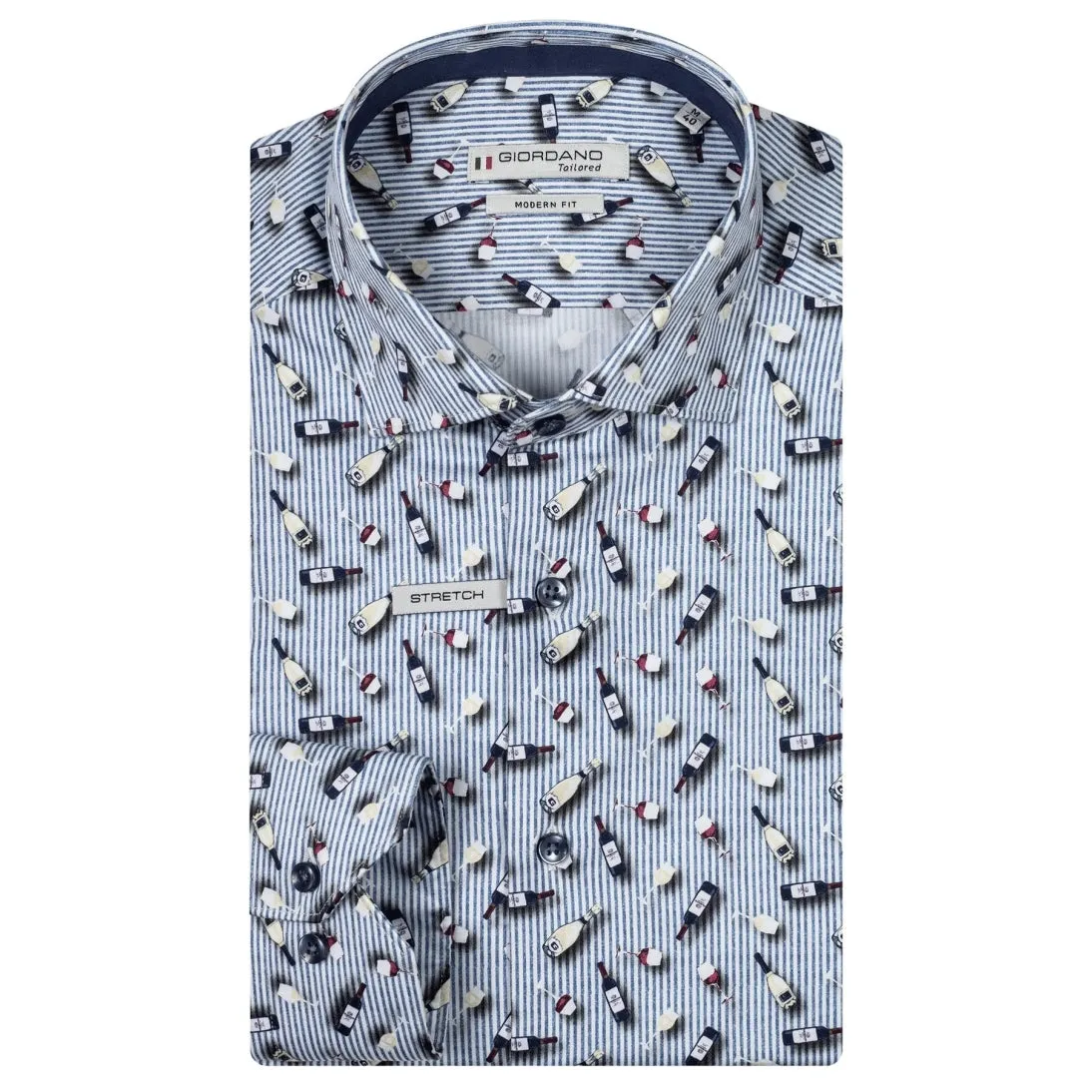 Giordano Wine Bottles Print Modern Fit Cotton Stretch Shirt Navy 427829