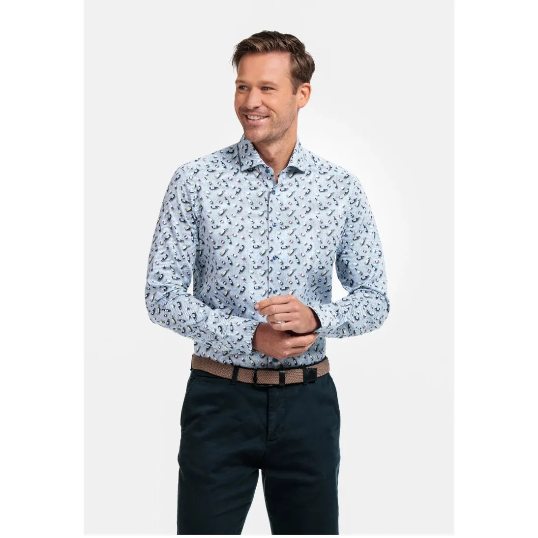 Giordano Wine Bottles Print Modern Fit Cotton Stretch Shirt Navy 427829