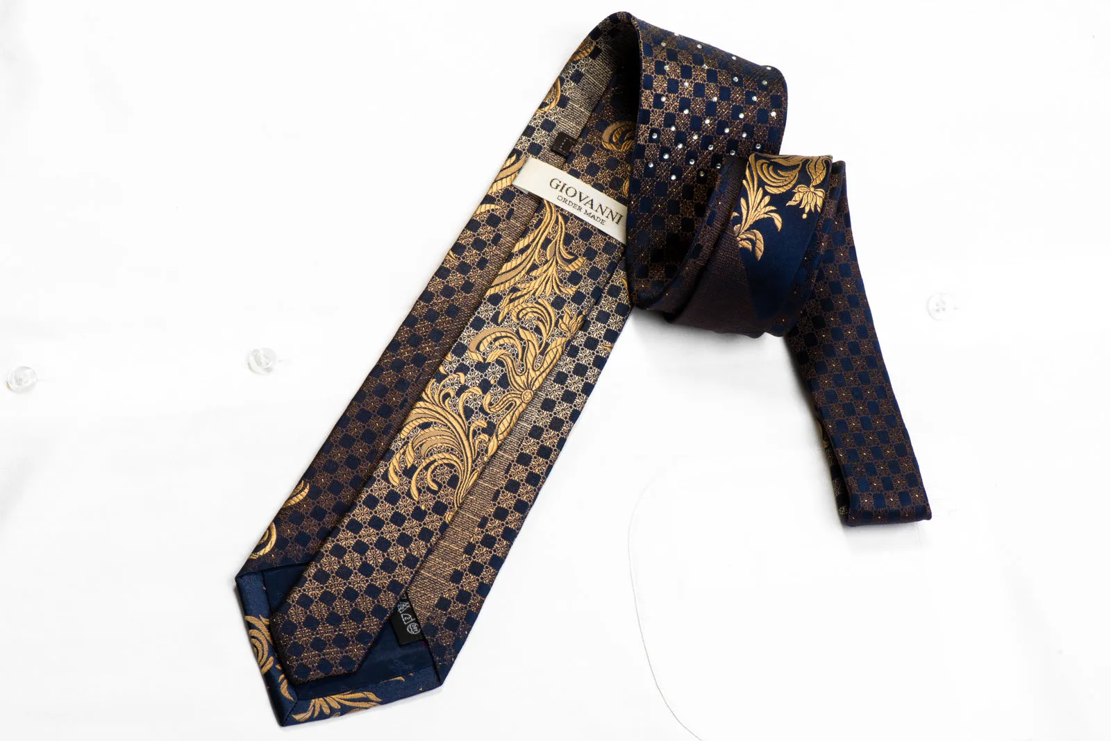 Giovanni Crystal Rhinestone Necktie Golden Damask On Navy With Sparkles