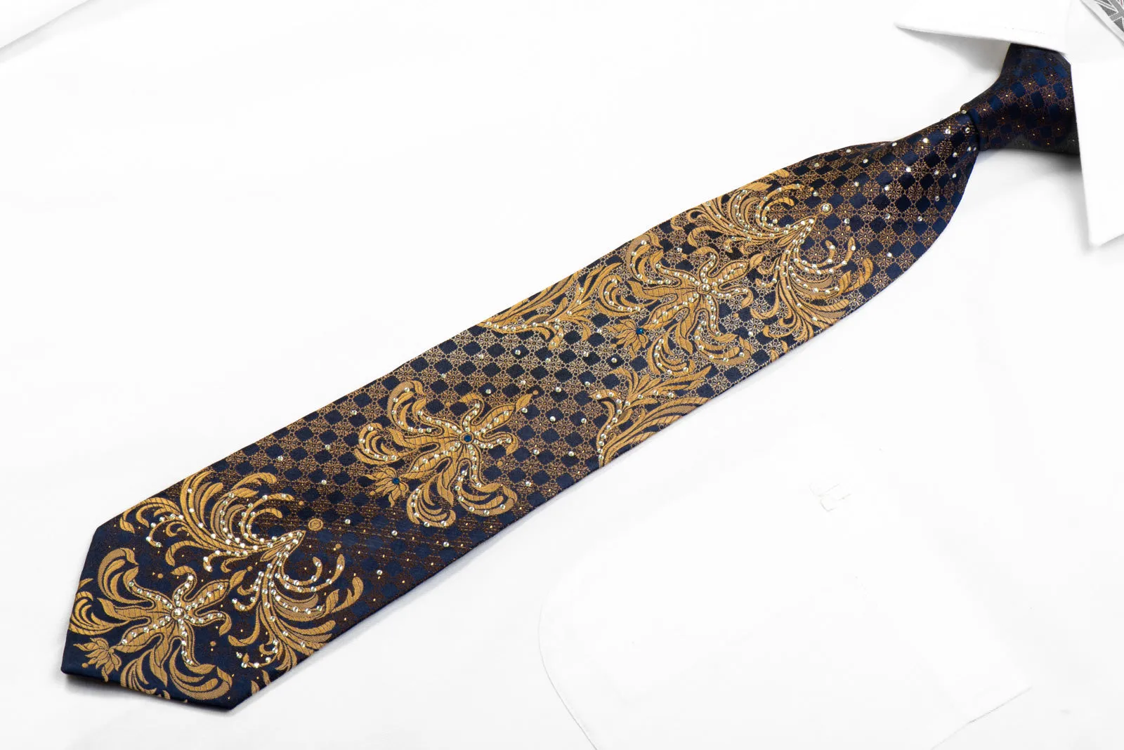 Giovanni Crystal Rhinestone Necktie Golden Damask On Navy With Sparkles