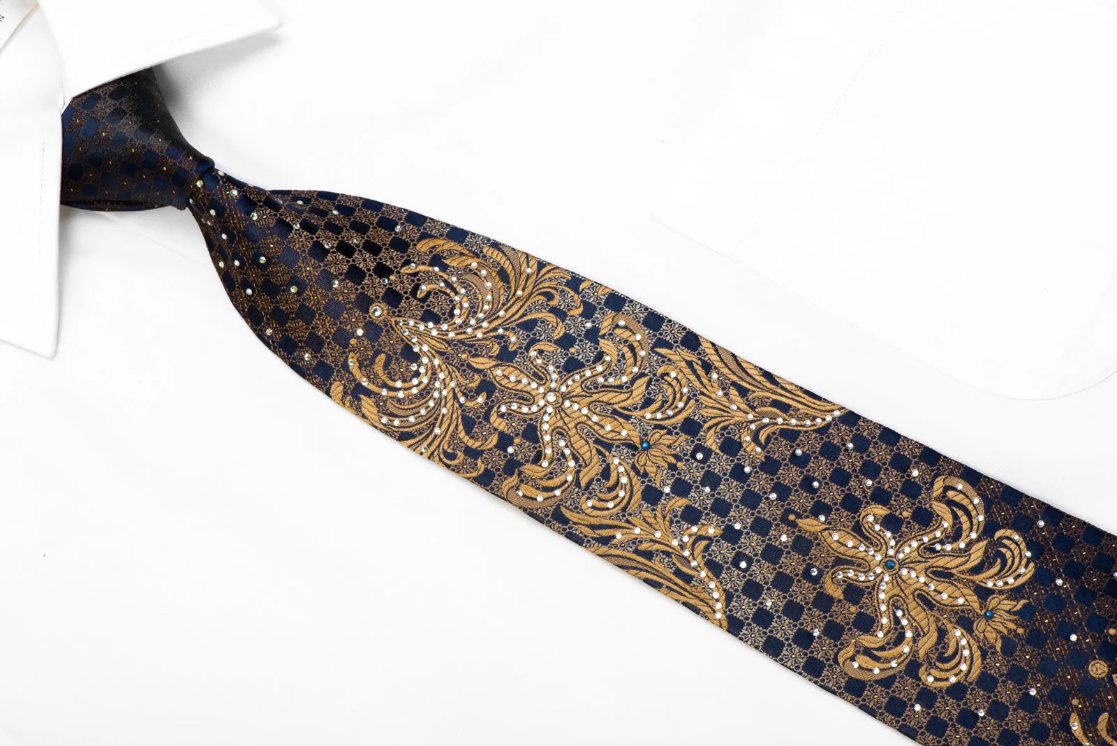 Giovanni Crystal Rhinestone Necktie Golden Damask On Navy With Sparkles