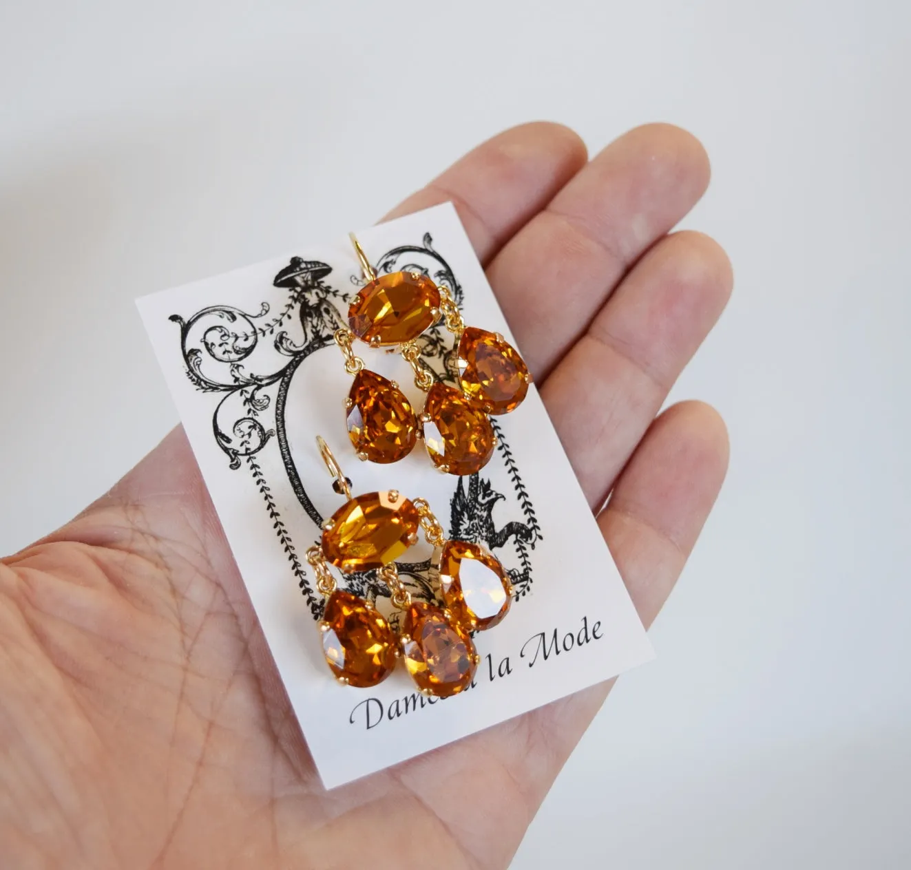 Girandole Earrings - Large Pear Swarovski Orange Topaz