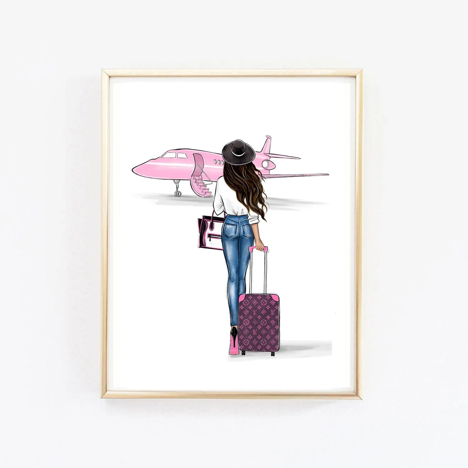 Girl and pink airplane art print fashion illustration