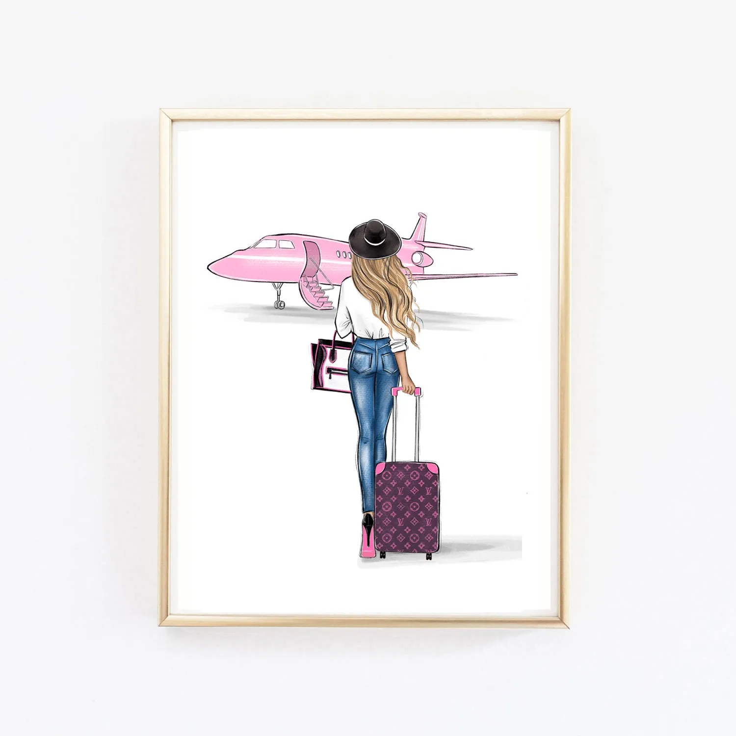 Girl and pink airplane art print fashion illustration