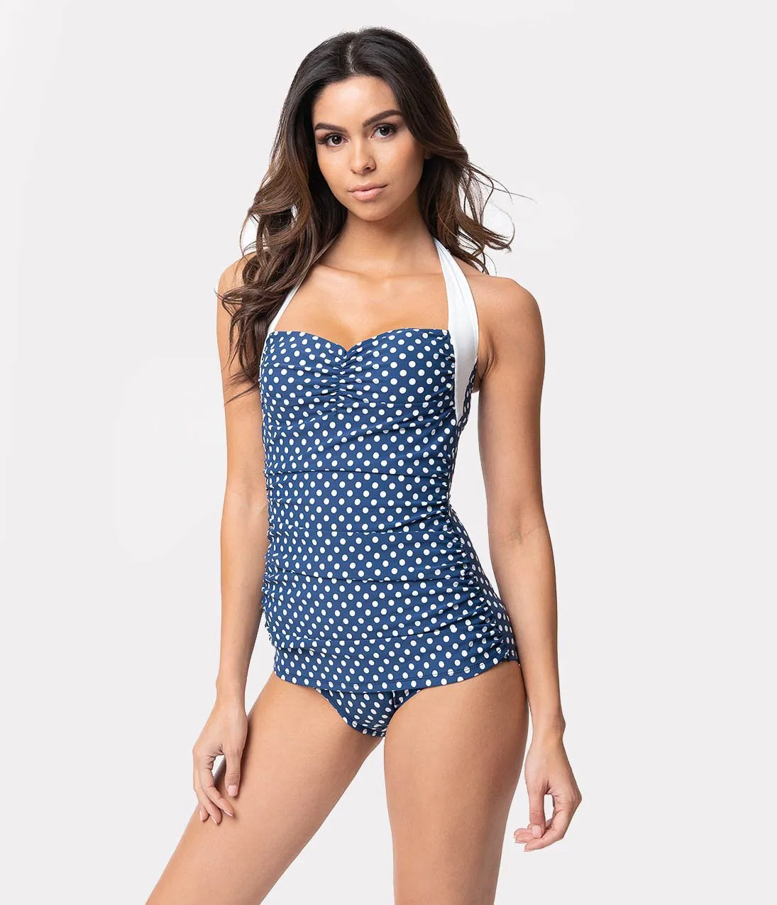 Girl Howdy Pin Up Navy & White Polka Dot Sandy Halter Sheath Swimsuit