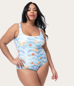 Girl Howdy Plus Size Blue Stripe & Sea Life Print Marinela Tank One Piece Swimsuit