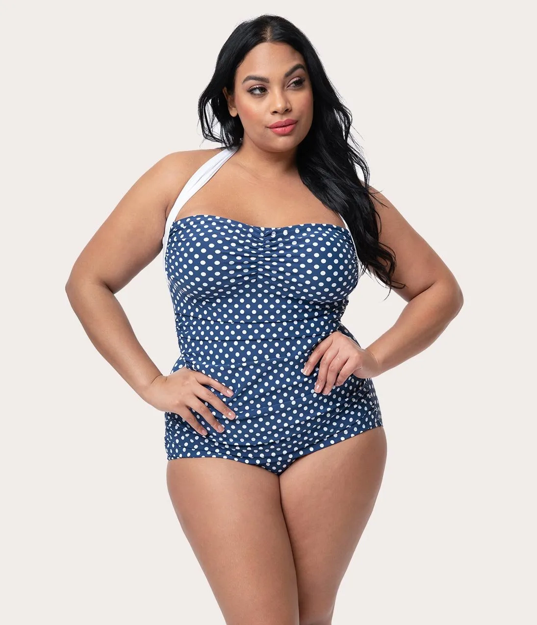 Girl Howdy Plus Size Pin Up Navy & White Polka Dot Sandy Halter Sheath Swimsuit