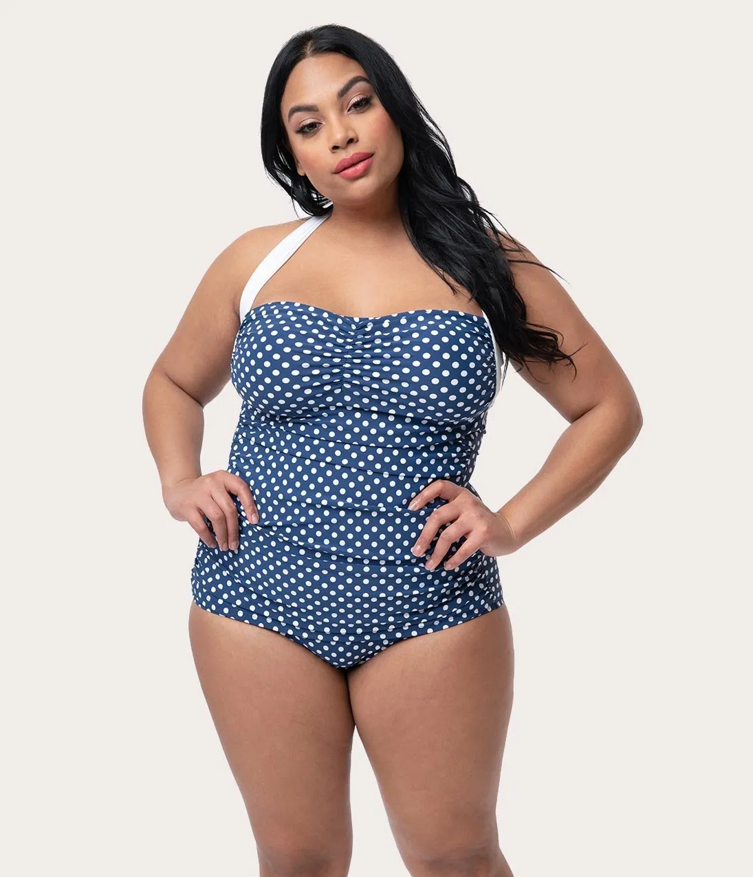 Girl Howdy Plus Size Pin Up Navy & White Polka Dot Sandy Halter Sheath Swimsuit