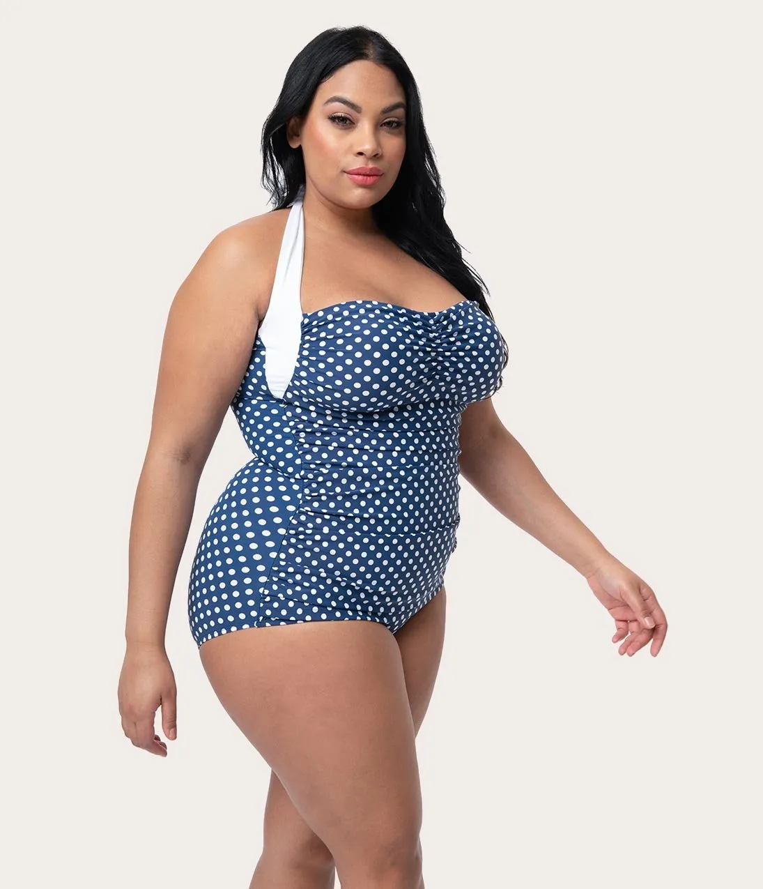 Girl Howdy Plus Size Pin Up Navy & White Polka Dot Sandy Halter Sheath Swimsuit