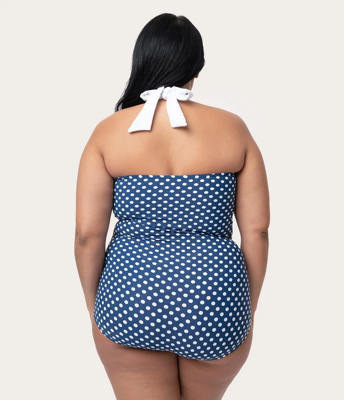 Girl Howdy Plus Size Pin Up Navy & White Polka Dot Sandy Halter Sheath Swimsuit