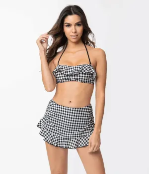 Girl Howdy Retro Style Black & White Gingham Ruffle Bandeau Swim Top